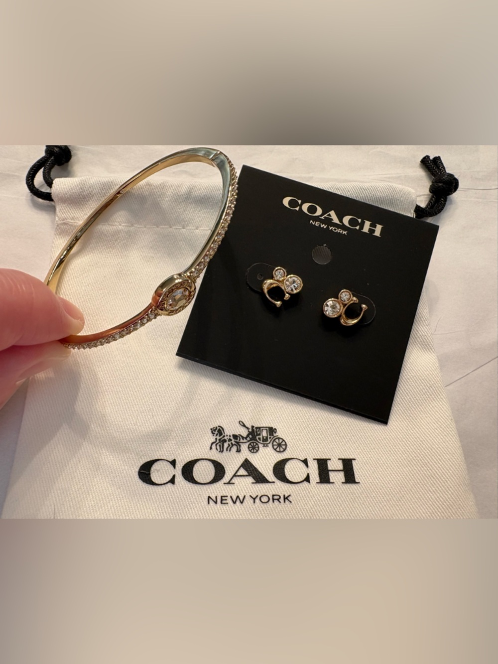 Coach Gold Heart Crystal Stud Earrings and Matching Bangle